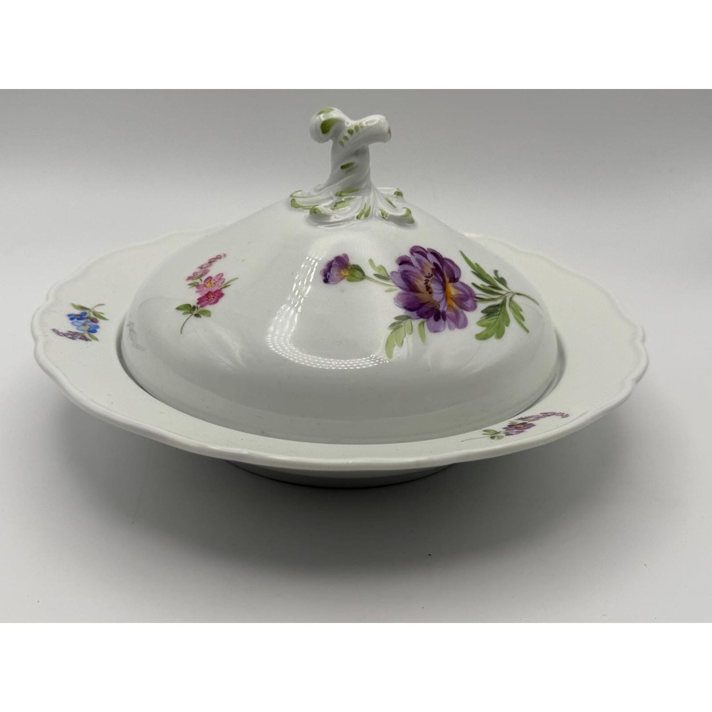 Antique Meissen Porcelain Covered Serving Dish, Hand-Painted,Crossed Swords